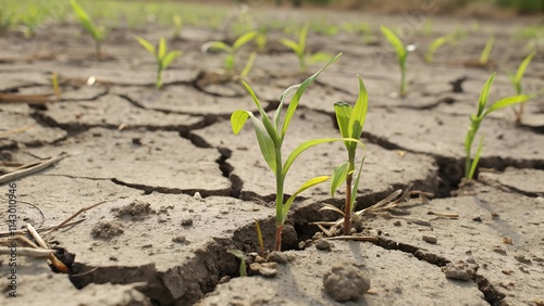 A close-up view of young plants struggling to survive in a cracked, dry soil