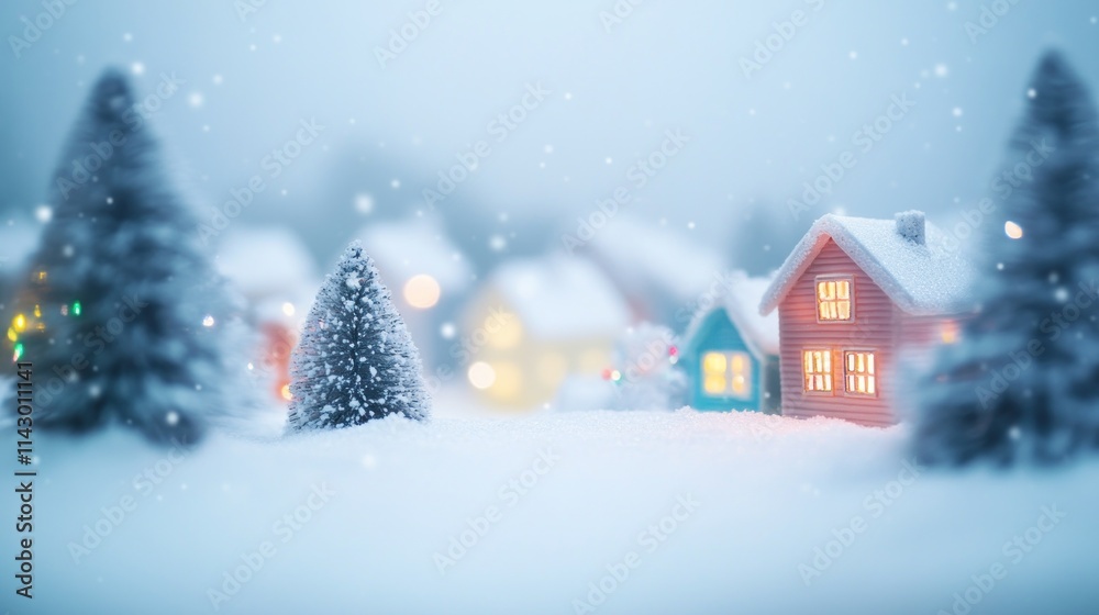 Miniature snow-covered village with illuminated houses and Christmas trees under snowfall. Miniature snow-covered village with illuminated houses and Christmas trees under snowfall.