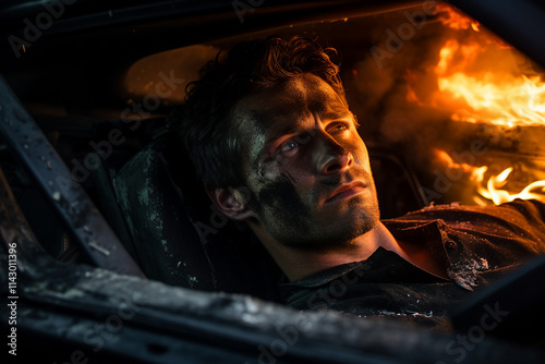 A wounded injured man sits in a wrecked accident car generated by AI photo