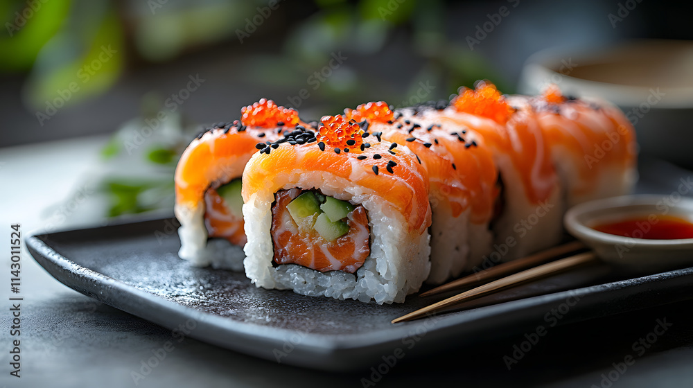 A Masterpiece Of Japanese Cuisine: Artfully Crafted Sushi Dish Captured In Minimalist Elegance And Rich Detail A Masterpiece Of Japanese Cuisine: Artfully Crafted Sushi Dish Captured In Minimalist Elegance And Rich Detail