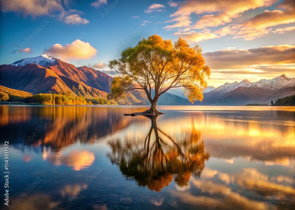 Wanaka Lake Sunrise: Iconic Lonely Tree Photography, New Zealand Landscape, South Island Scenery, Golden Hour, Reflection Wanaka Lake Sunrise: Iconic Lonely Tree Photography, New Zealand Landscape, South Island Scenery, Golden Hour, Reflection