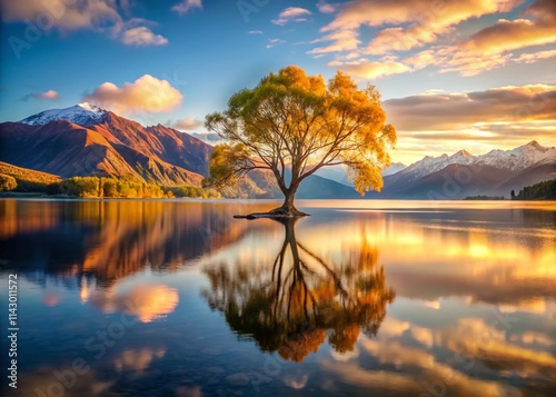 Wanaka Lake Sunrise: Iconic Lonely Tree Photography, New Zealand Landscape, South Island Scenery, Golden Hour, Reflection