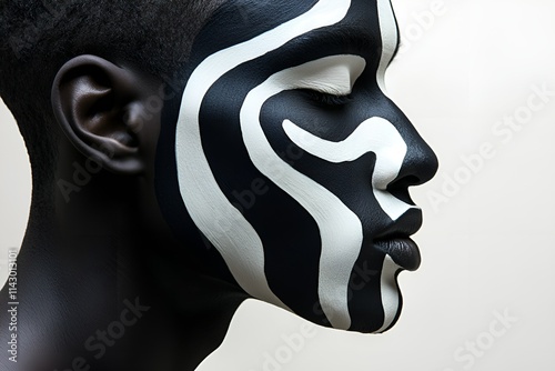 artistic side profile of a person with bold black and white face paint photo