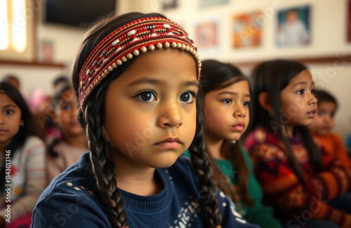 Native American children attend cultural language class in community center. Attentive, focused. Children together enjoying care, traditional culture in safe, happy environment. Indigenous children