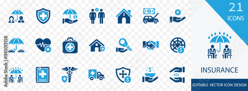 Insurance and assurance solid icon set. containing travel, car,  security, shield, financial, disability, accident insurance and more vector design