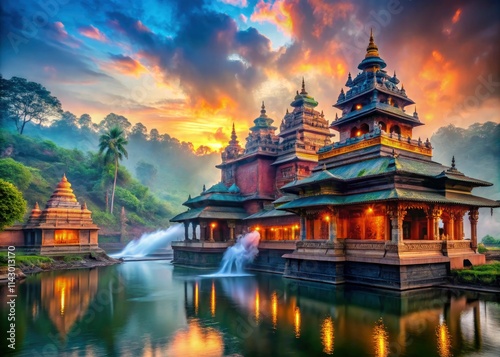 Coorg's Omkareshwar Temple: A surreal Hindu architectural masterpiece, photographed in a dreamy style. photo