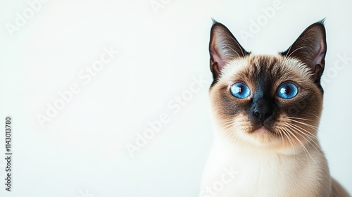 Close-up Siamese cat with blue eyes on white background.