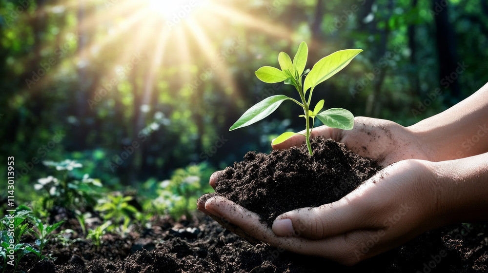 A person's hands holding soil with green plants sprouting, set against the backdrop of a lush forest and sunlight filtering through the trees. T