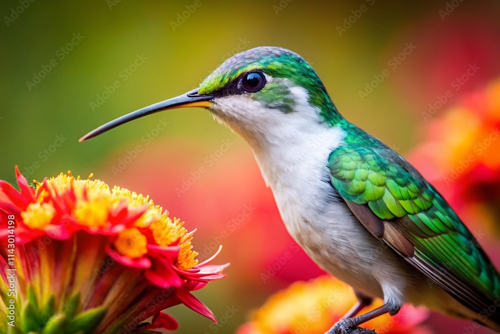 Obraz premium White-headed Hummingbird Feeding on Flowers, Close-up, Nectar, Bird, Wildlife Photography, Nature, Macro, High Resolution, Beautiful