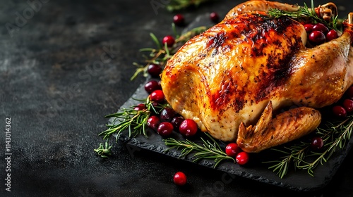 Roasted turkey garnished with rosemary and cranberries on dark background photo