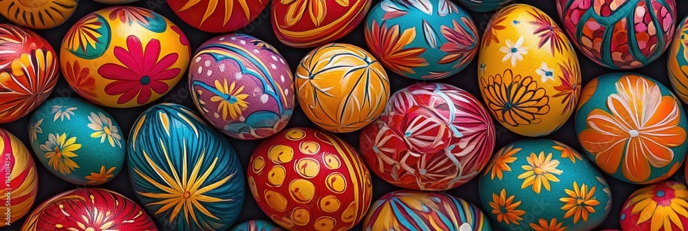 A kaleidoscope of Easter egg designs with floral and geometric motifs A kaleidoscope of Easter egg designs with floral and geometric motifs