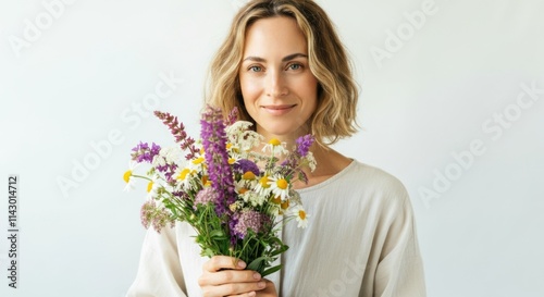 Caucasian young female holding a bouquet of wildflowers with a gentle smile