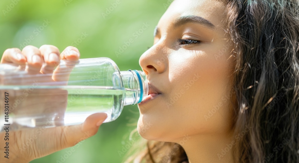 Young hispanic female enjoying hydration outdoors on a sunny day Young hispanic female enjoying hydration outdoors on a sunny day