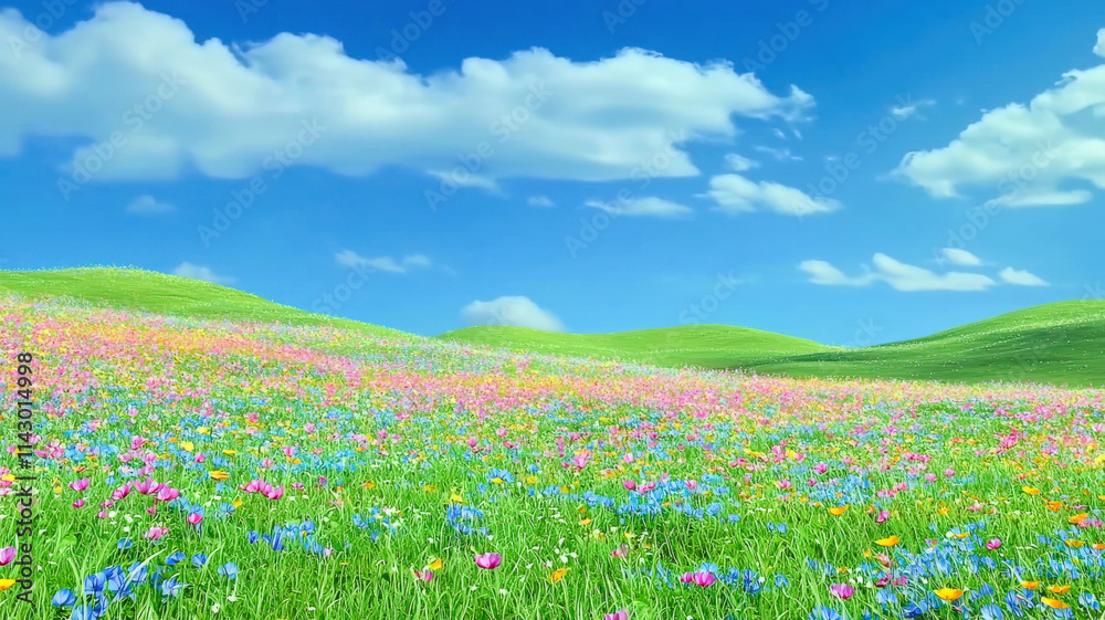 A peaceful meadow filled with vibrant wildflowers in full bloom, rolling hills in the distance under a bright blue sky, creating a serene and picturesque landscape. A peaceful meadow filled with vibrant wildflowers in full bloom, rolling hills in the distance under a bright blue sky, creating a serene and picturesque landscape.