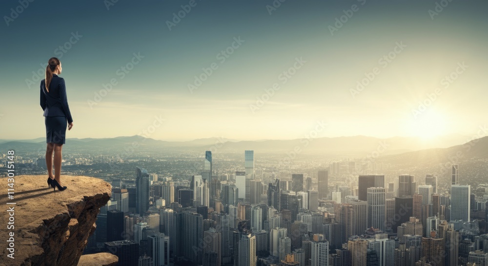 Female executive overlooking cityscape at sunrise Female executive overlooking cityscape at sunrise