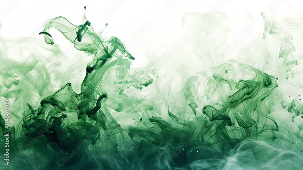 Fototapeta premium Green watercolor splashes on a white background. A green substance similar to smoke that flows and has a wavy appearance. Abstract smoke of green color. Background for the design