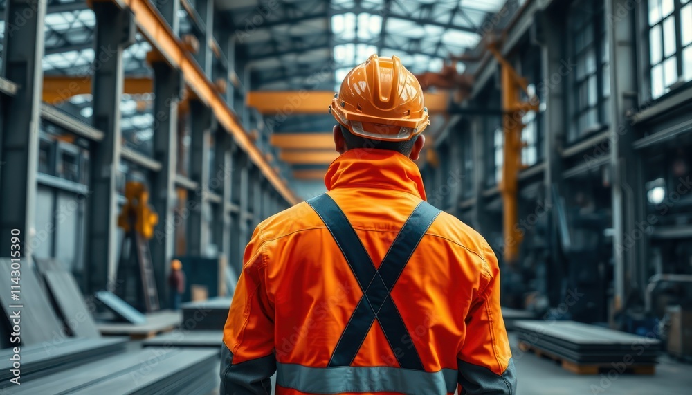 Worker in safety orange jacket, helmet stands inside large steel factory. Metal sheets, industrial machinery surround. Back view of person in working environment. Industrial production, Worker in safety orange jacket, helmet stands inside large steel factory. Metal sheets, industrial machinery surround. Back view of person in working environment. Industrial production,