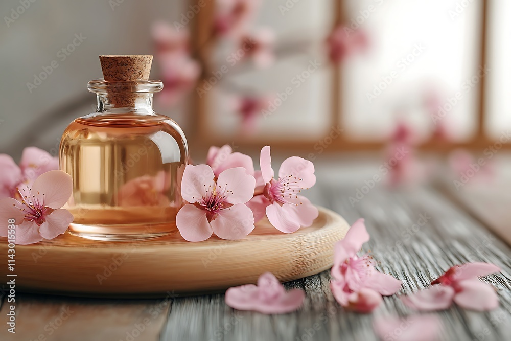 Bottle of essential oil and pink cherry blossoms creating a relaxing atmosphere Bottle of essential oil and pink cherry blossoms creating a relaxing atmosphere