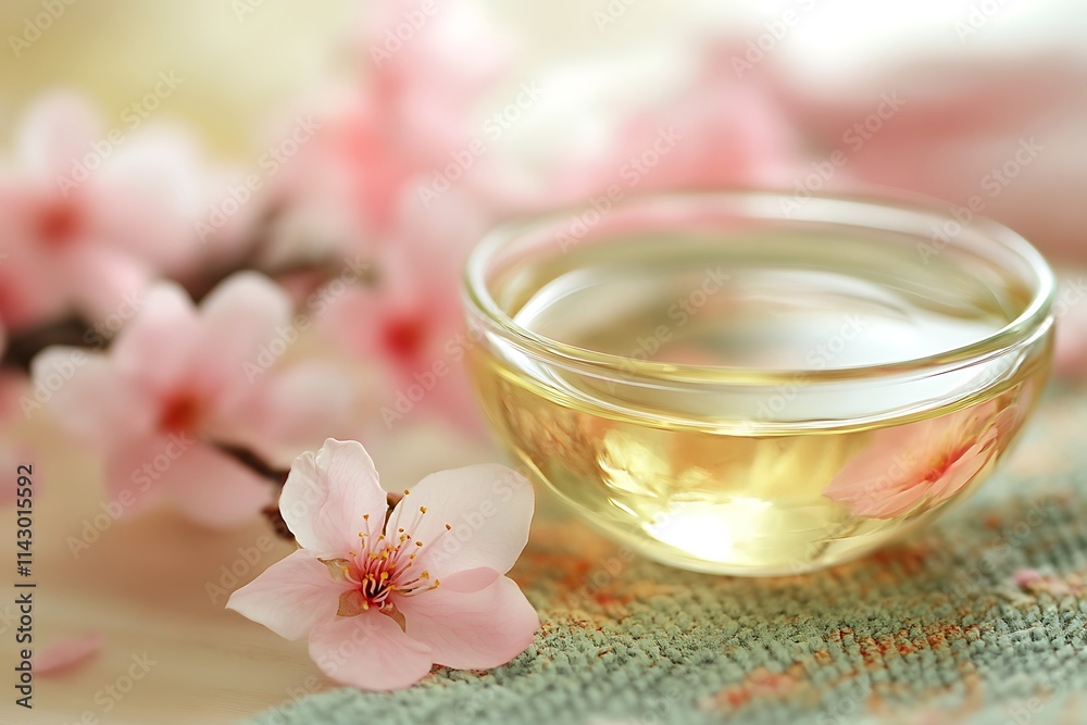 Small glass bowl of almond oil with pink cherry blossoms for beauty treatment Small glass bowl of almond oil with pink cherry blossoms for beauty treatment