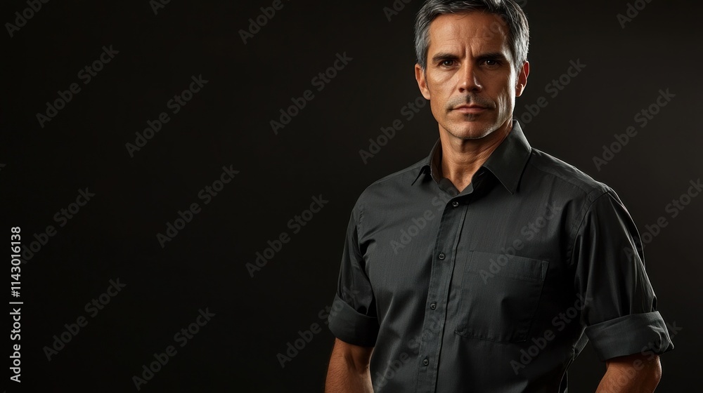 Serious middle-aged man in black shirt against dark background. Serious middle-aged man in black shirt against dark background.