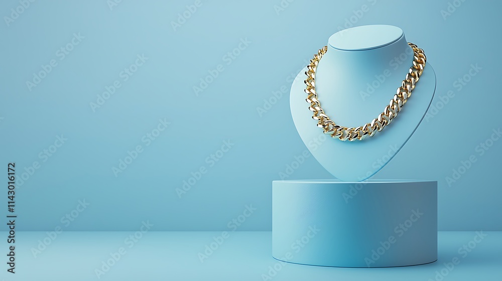 Gold chain necklace displayed on blue mannequin on blue background Gold chain necklace displayed on blue mannequin on blue background