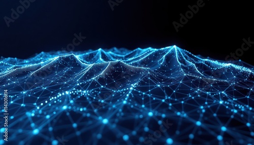 Digital radar visualization of terrain. Complex network of lines, points represents terrain map. Data visualized as connected network for tech concept. Abstract image of connected data points for