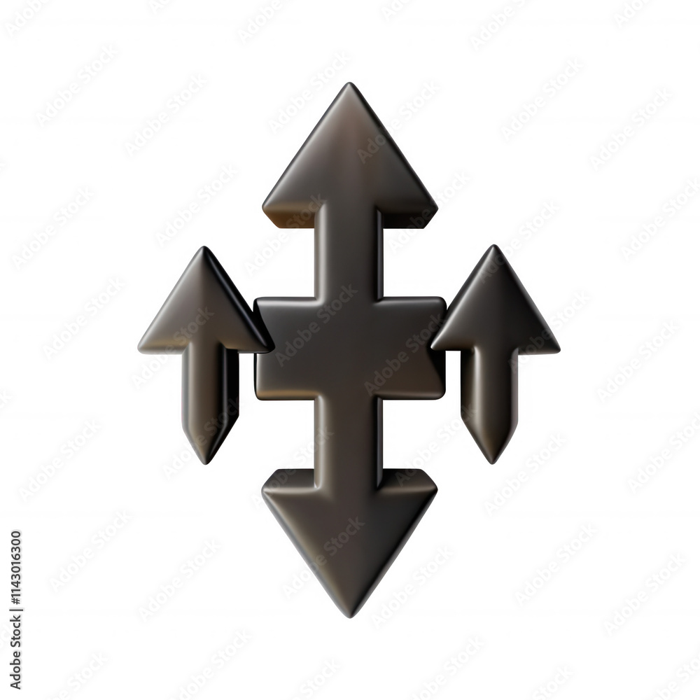 A 3D black icon featuring four directional arrows pointing up, down, left, and right, symbolizing movement and navigation. A 3D black icon featuring four directional arrows pointing up, down, left, and right, symbolizing movement and navigation.