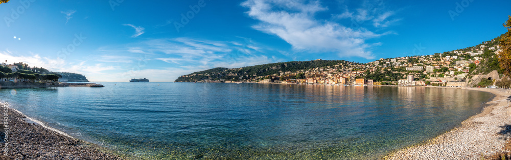Panoramic view of beach between Villefranche-sur-mer and Cap Ferrat, French Riviera, Provence-alpes-côte d'azur, France Panoramic view of beach between Villefranche-sur-mer and Cap Ferrat, French Riviera, Provence-alpes-côte d'azur, France