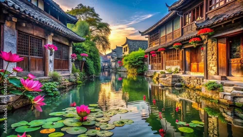 Obraz premium Wuzhen Macro Photography: Stunning Canal Town Details, Ancient Architecture, Water Lily Close-up, Historic Chinese Village, Macro Landscape, Detailed Textures