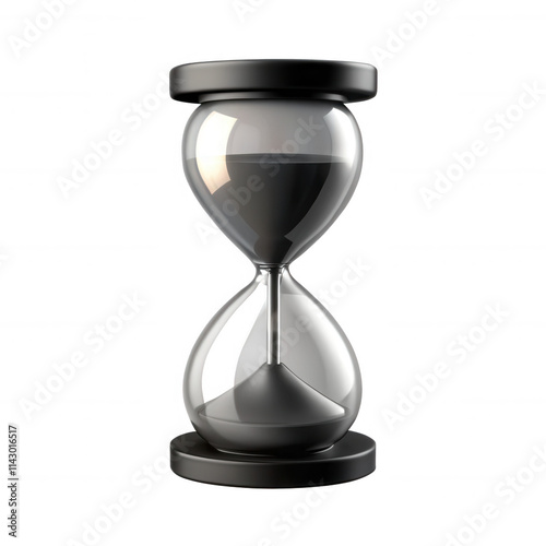 This is a 3D render of a stylish hourglass featuring a transparent design and a black base. Created as a decorative object, it embodies elegance and time.