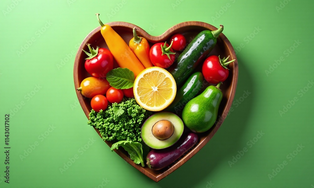 Heart shaped bowl colorful vegetables and fruits healthy