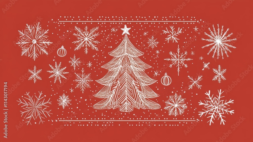 Merry Christmas and Happy New Year greeting cards feature modern line art snowflakes on a red background. The set includes posters, holiday covers, a Christmas tree, border frame, and decor. Merry Christmas and Happy New Year greeting cards feature modern line art snowflakes on a red background. The set includes posters, holiday covers, a Christmas tree, border frame, and decor.