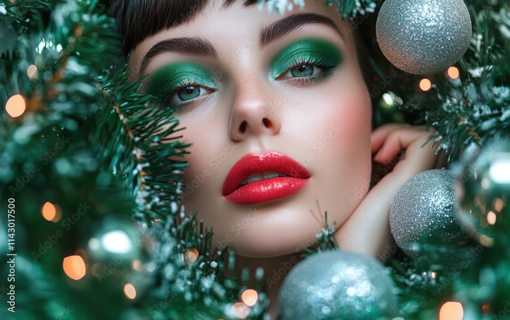 A chic woman with bold emerald green eyeshadow, subtle highlighter, and glossy red lips, framed by twinkling ornaments and snowy greenery A chic woman with bold emerald green eyeshadow, subtle highlighter, and glossy red lips, framed by twinkling ornaments and snowy greenery