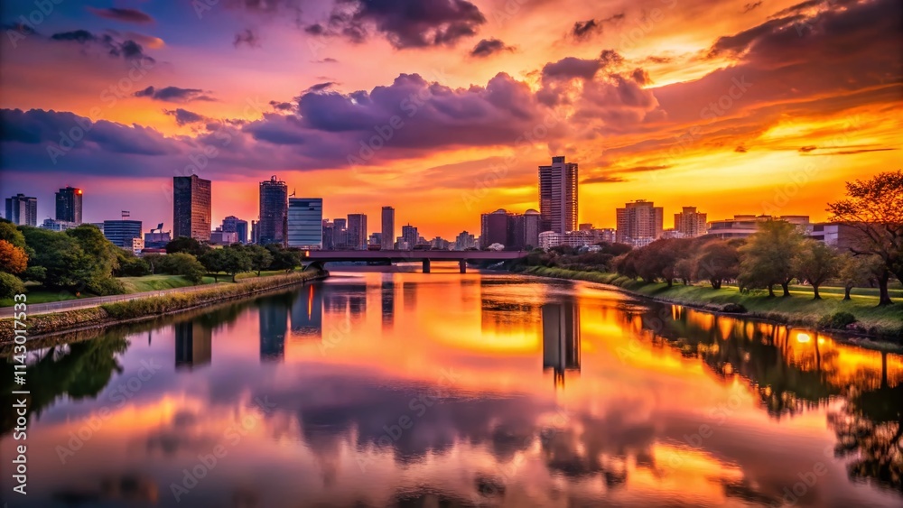 Fototapeta premium Yodogawa River Silhouette: Stunning Sunset, Osaka Cityscape, Japan Photography