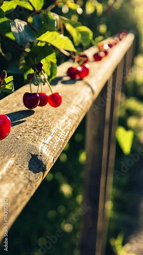 Fresh cherries resting on a wooden fence in a sunlit garden during summer