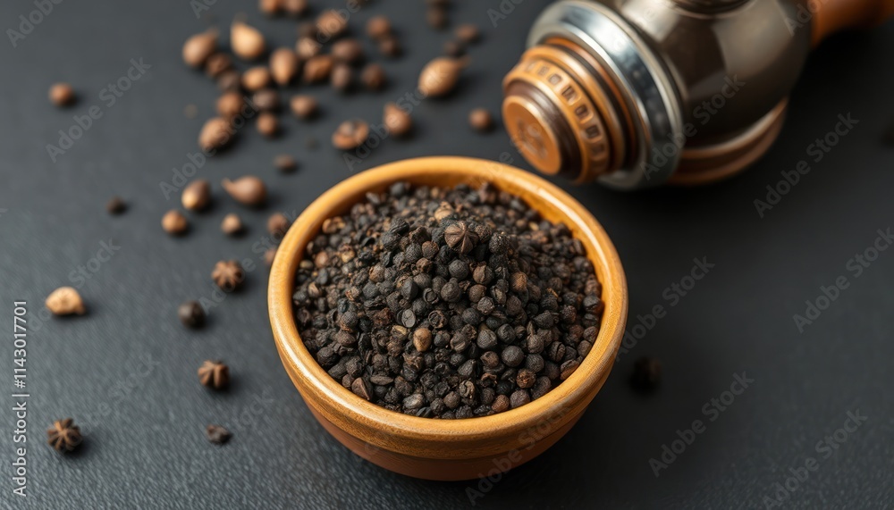 Ceramic bowl filled with freshly ground black peppercorns. Pepper mill, whole peppercorns scattered around. Spice ingredients arranged on dark surface. Culinary concept. Cooking idea. Kitchen Ceramic bowl filled with freshly ground black peppercorns. Pepper mill, whole peppercorns scattered around. Spice ingredients arranged on dark surface. Culinary concept. Cooking idea. Kitchen