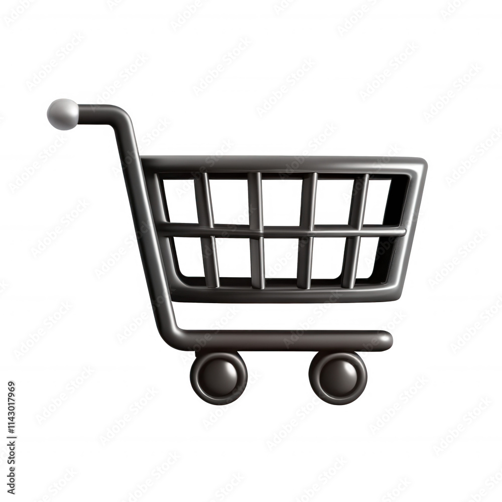 A realistic 3D render of a shopping cart icon, featuring a sleek metallic appearance against a plain background. A realistic 3D render of a shopping cart icon, featuring a sleek metallic appearance against a plain background.