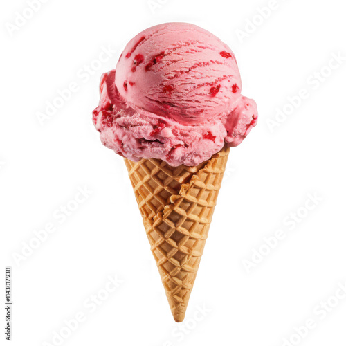 Refreshing strawberry ice cream with real fruit pieces is melting on a crunchy waffle cone
 photo