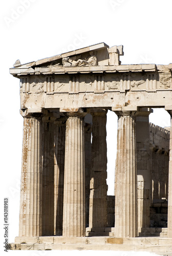 Old ruins of an ancient temple Isolated on transparent background. The Greek temple. Front view. Png File.