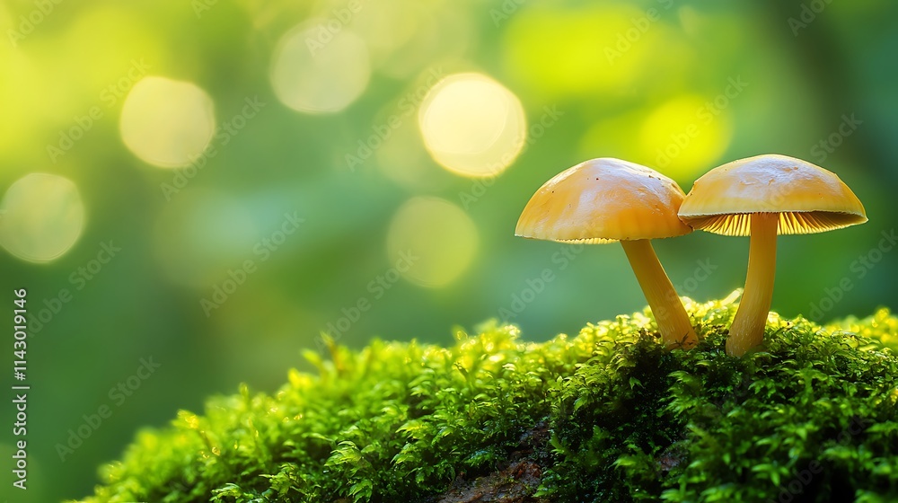 Fototapeta premium Two mushrooms growing on moss in magical forest