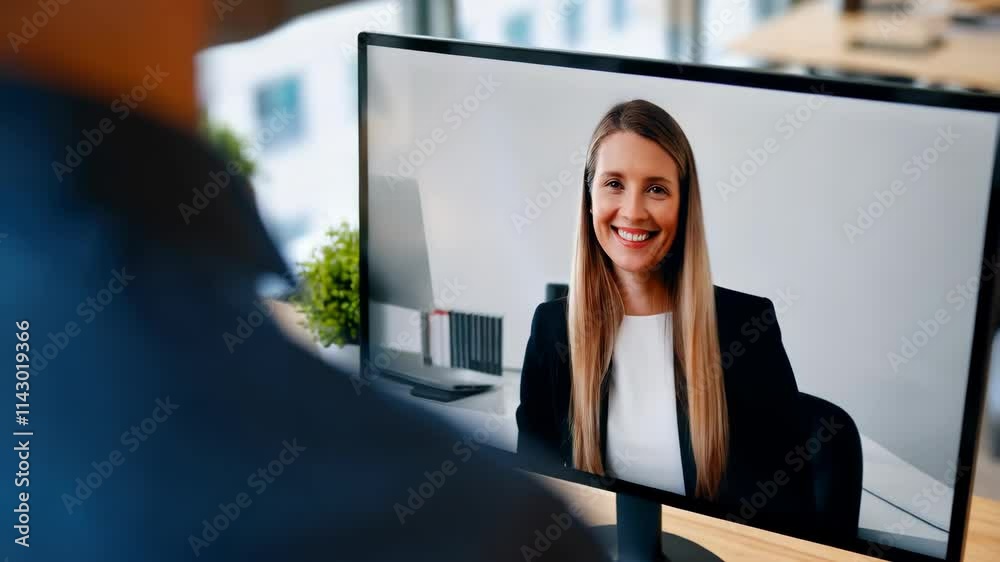 Man having a video call with female college saying hi at camera and smiling