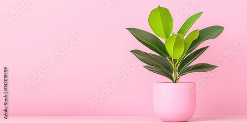 Vibrant green rubber plant in a sleek pink ceramic pot, set against a minimalistic pastel pink background. Perfect for home decor or botanical themes.