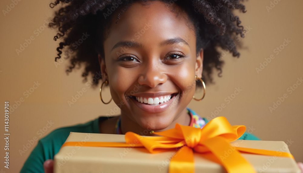 Smiling woman holding a beautifully wrapped gift box with an orange ribbon indoors Smiling woman holding a beautifully wrapped gift box with an orange ribbon indoors