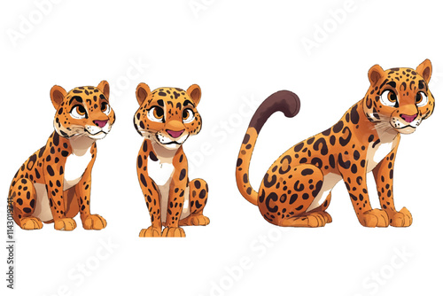 Dynamic Vector Illustration of Adorable Cartoon Leopards and a Sprinting Cheetah in Various Poses on an Orange and white Background. photo