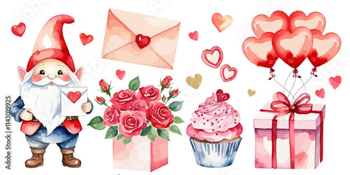 Watercolor hand drawn painting of a cute elements for Valentine's Day design: candy hearts, love letter, cupcake, gift box with balloons and gnome with love letter, roses. Vector illustration isolated