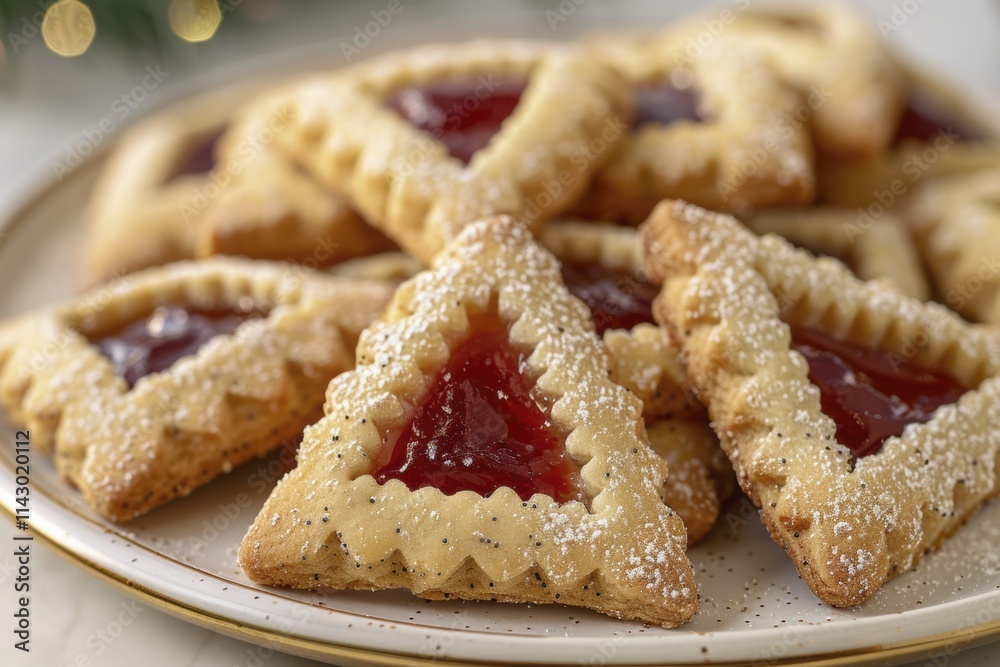 Delicious homemade triangle jam cookies with powdered sugar dusting