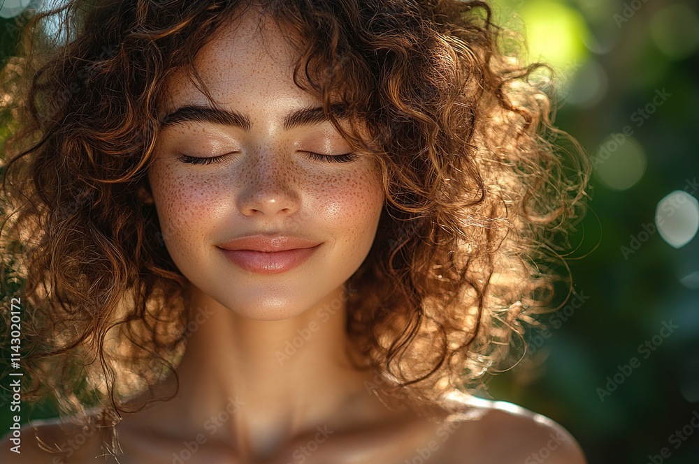 A close-up portrait of a charming curly-haired young woman smiling with her eyes closed, enjoying a serene moment outdoors in the park. A close-up portrait of a charming curly-haired young woman smiling with her eyes closed, enjoying a serene moment outdoors in the park.