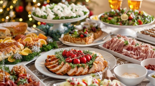 Luncheon Christmas. Office Buffet Spread with a Variety of Delicious Food on the Table