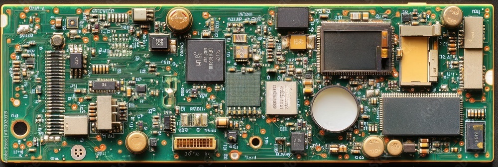 Close-up of a complex circuit board with various electronic components, including chips, resistors, and connectors. Close-up of a complex circuit board with various electronic components, including chips, resistors, and connectors.