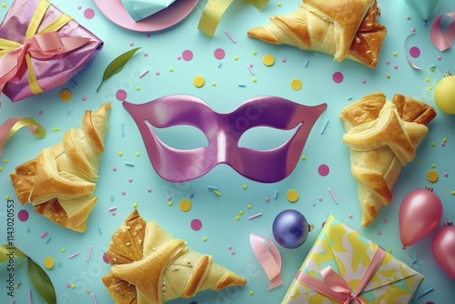 Colorful carnival celebration with mask and pastries on pastel background photo